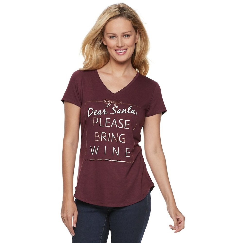 Apt. 9 Christmas Themed Graphic Tee Shirt Dear Santa Please Bring Wine SMALL